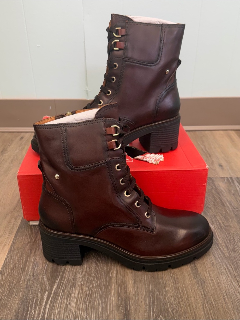 PIKOLINOS Women's Soria Lace-Up Heeled Combat Boots - Dark Brown Sz 41 US 10